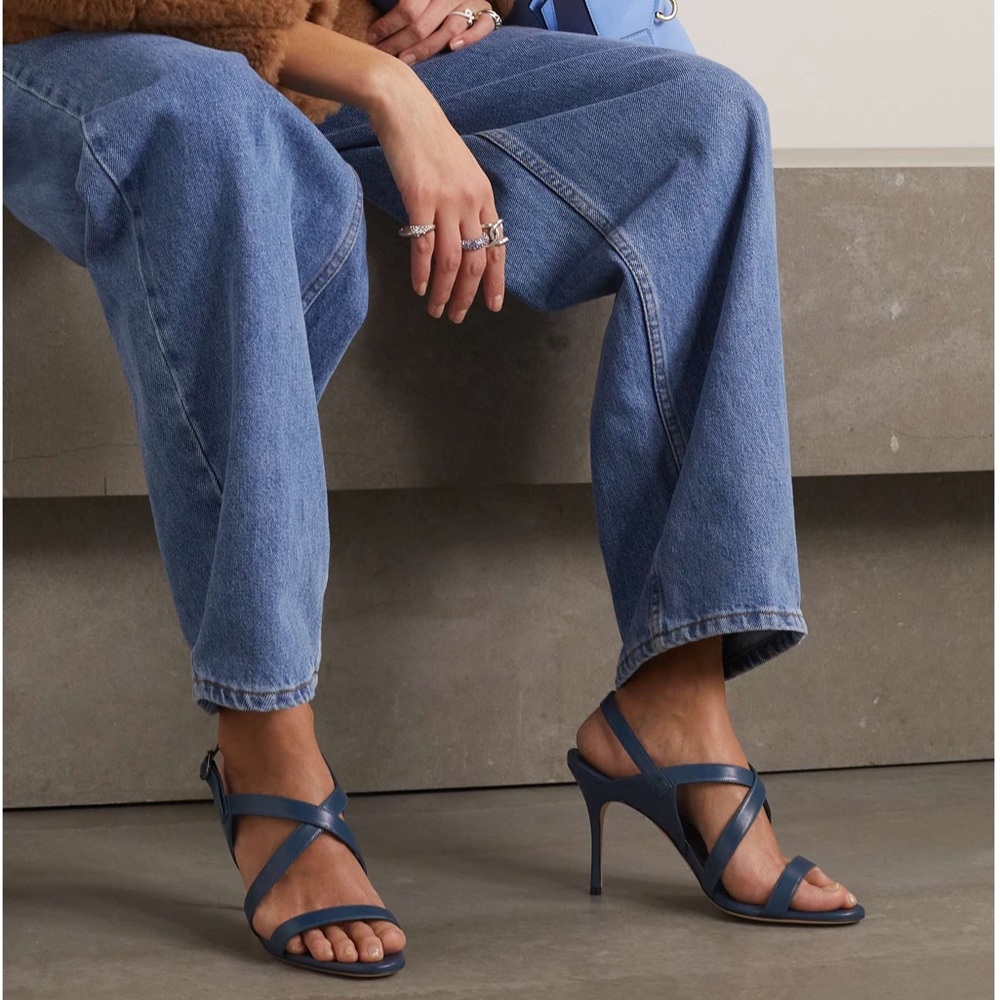 Manolo Blahnik 90mm Blue Leather Strappy Sandal Heels SINGANU 37.5 NEW $995